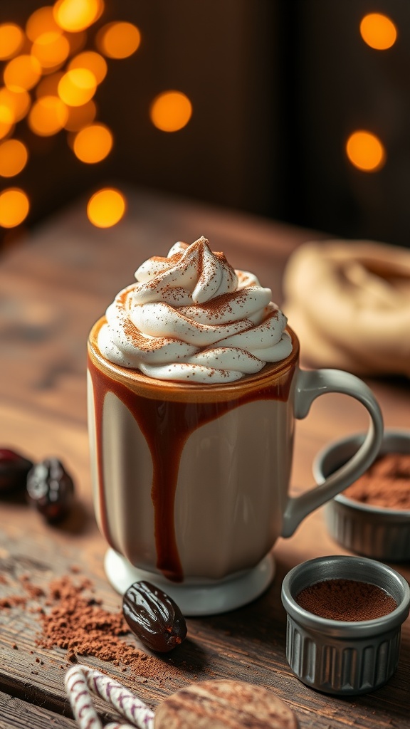 A rich mocha drink topped with whipped cream and cocoa powder, surrounded by dates on a wooden table.